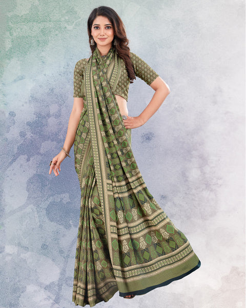 Dark Olive And Moss Green Digital Print Premium Crepe Saree