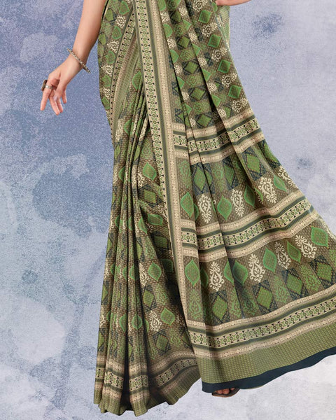Dark Olive And Moss Green Digital Print Premium Crepe Saree