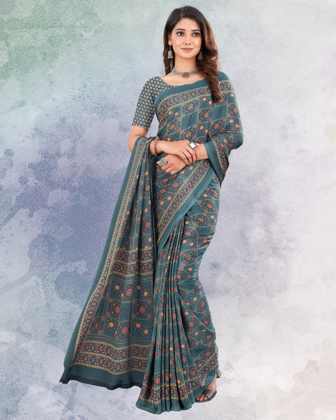 Slate Grey Digital Print Premium Crepe Saree