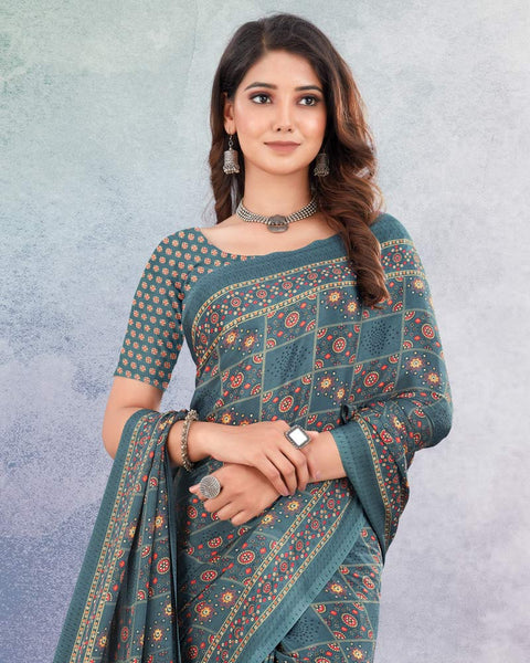 Slate Grey Digital Print Premium Crepe Saree