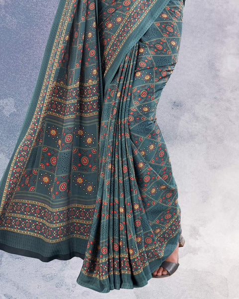 Slate Grey Digital Print Premium Crepe Saree