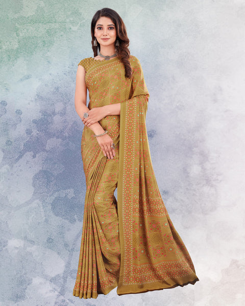 Dark Beige And Pastel Orange Digital Print Premium Crepe Saree