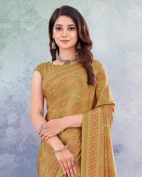 Dark Beige And Pastel Orange Digital Print Premium Crepe Saree