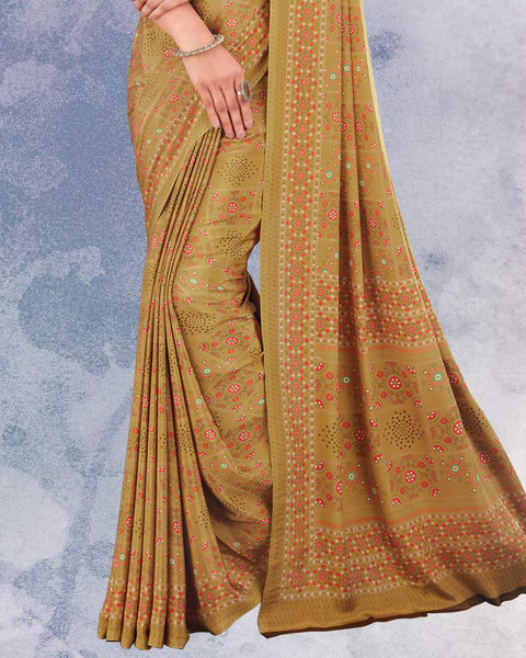 Dark Beige And Pastel Orange Digital Print Premium Crepe Saree