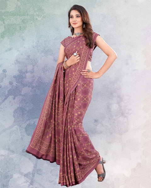 Dusty Rose Pink Digital Print Premium Crepe Saree