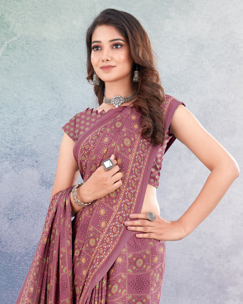 Dusty Rose Pink Digital Print Premium Crepe Saree