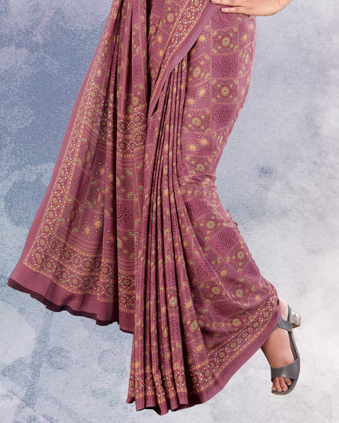 Dusty Rose Pink Digital Print Premium Crepe Saree