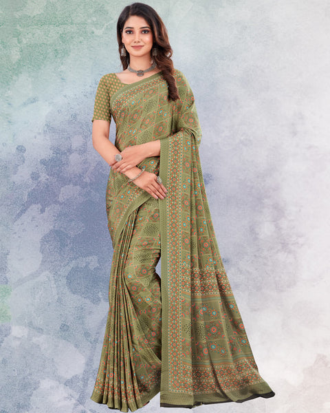 Khaki Green Digital Print Premium Crepe Saree