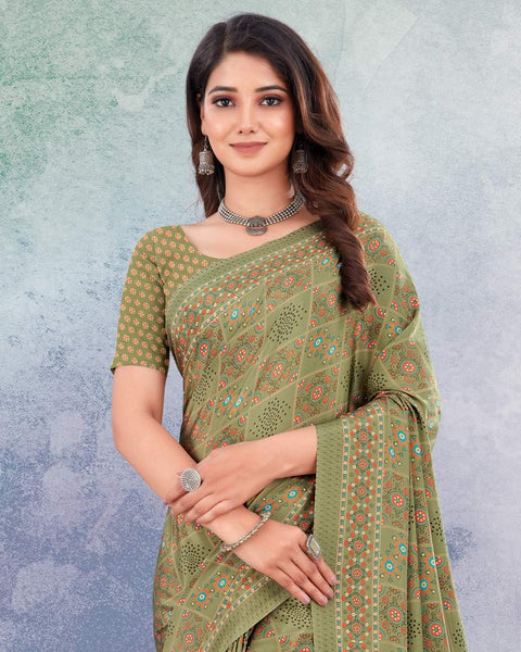 Khaki Green Digital Print Premium Crepe Saree