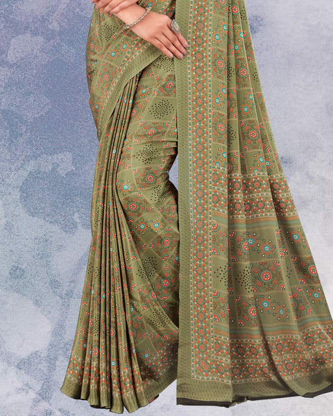 Khaki Green Digital Print Premium Crepe Saree