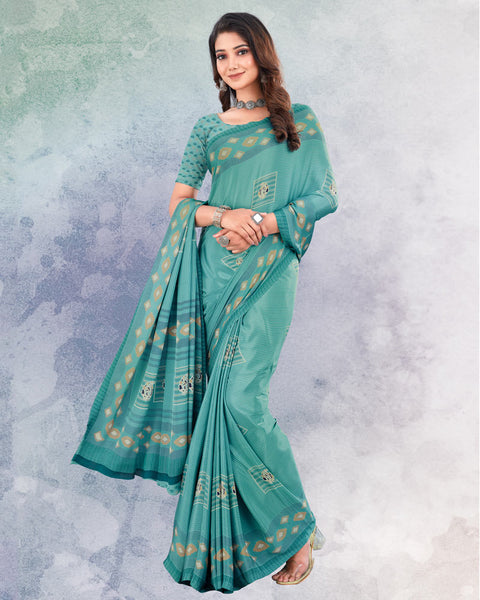 Pastel Teal Green Digital Print Premium Crepe Saree