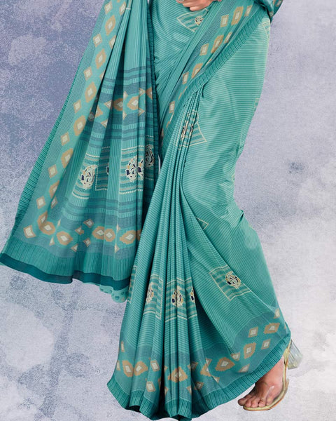 Pastel Teal Green Digital Print Premium Crepe Saree