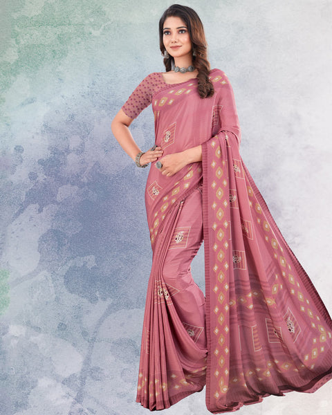 Pastel Pink And Beige Digital Print Premium Crepe Saree