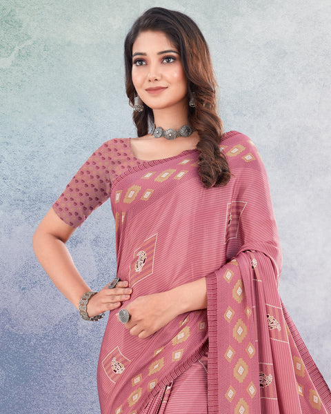 Pastel Pink And Beige Digital Print Premium Crepe Saree