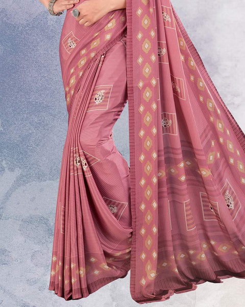 Pastel Pink And Beige Digital Print Premium Crepe Saree