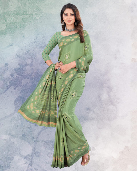 Sage Green And Beige Digital Print Premium Crepe Saree