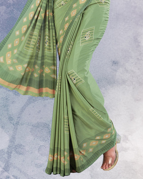 Sage Green And Beige Digital Print Premium Crepe Saree