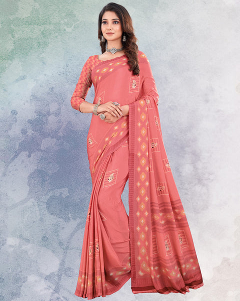 Watermelon Pink And Beige Digital Print Premium Crepe Saree
