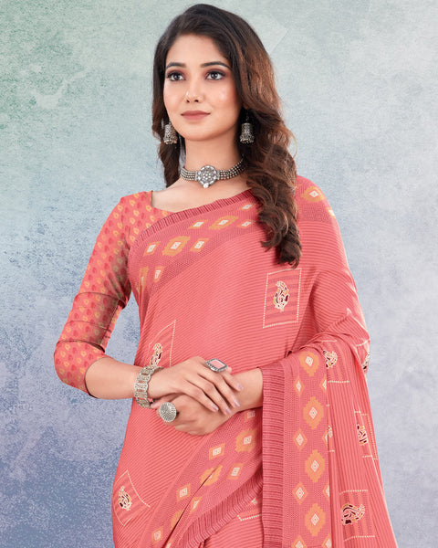 Watermelon Pink And Beige Digital Print Premium Crepe Saree