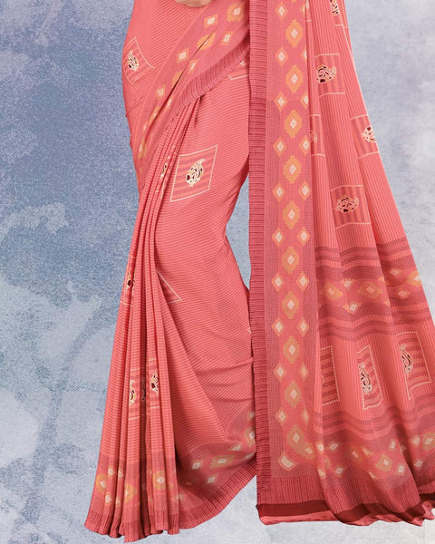 Watermelon Pink And Beige Digital Print Premium Crepe Saree