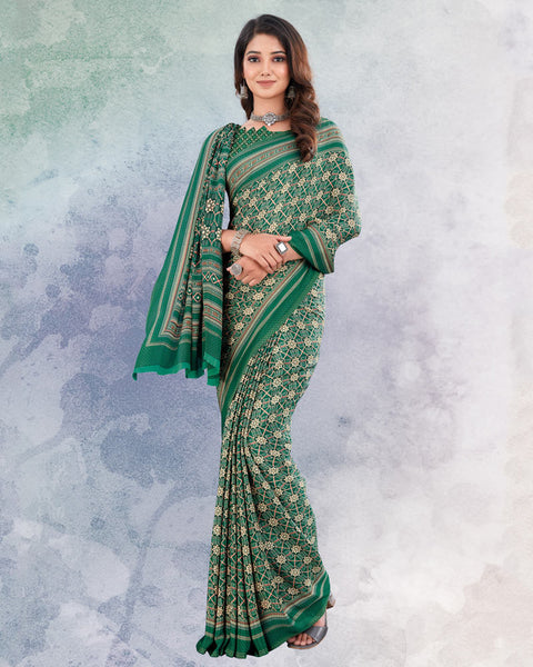 Dark Spring Green Digital Print Premium Crepe Saree