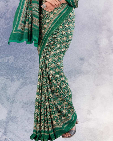 Dark Spring Green Digital Print Premium Crepe Saree