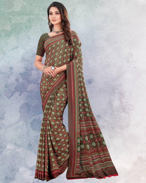 Dark Green And Pinkish Brown Digital Print Premium Crepe Saree