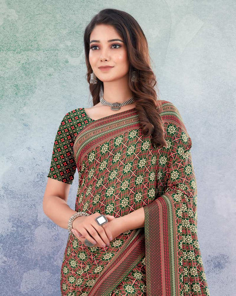 Dark Green And Pinkish Brown Digital Print Premium Crepe Saree