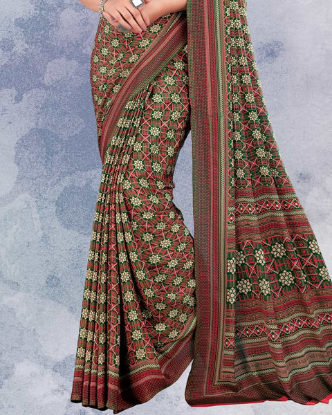 Dark Green And Pinkish Brown Digital Print Premium Crepe Saree