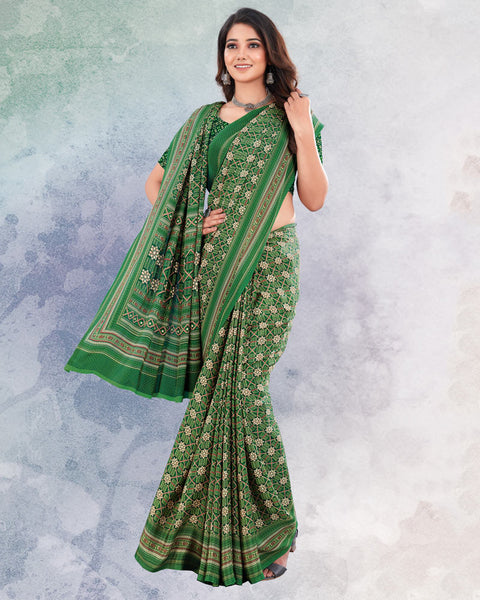 Dark Green Digital Print Premium Crepe Saree