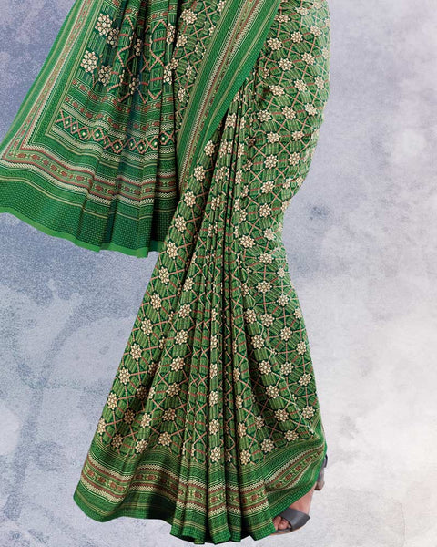 Dark Green Digital Print Premium Crepe Saree