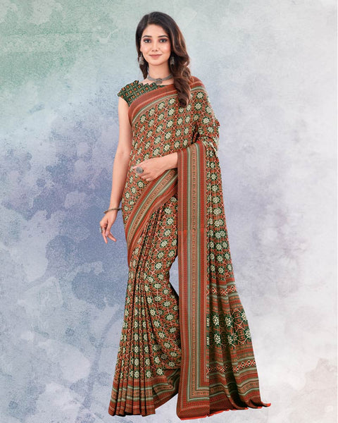 Dark Green And Dusty Pink Digital Print Premium Crepe Saree