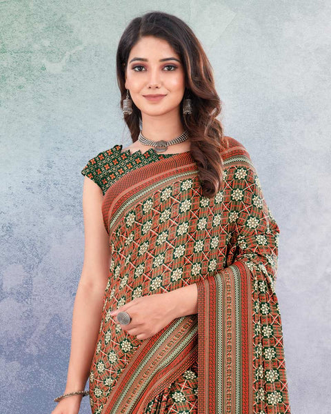 Dark Green And Dusty Pink Digital Print Premium Crepe Saree