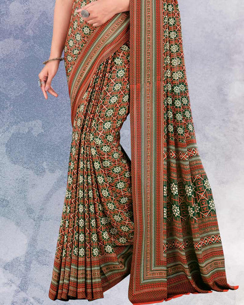 Dark Green And Dusty Pink Digital Print Premium Crepe Saree