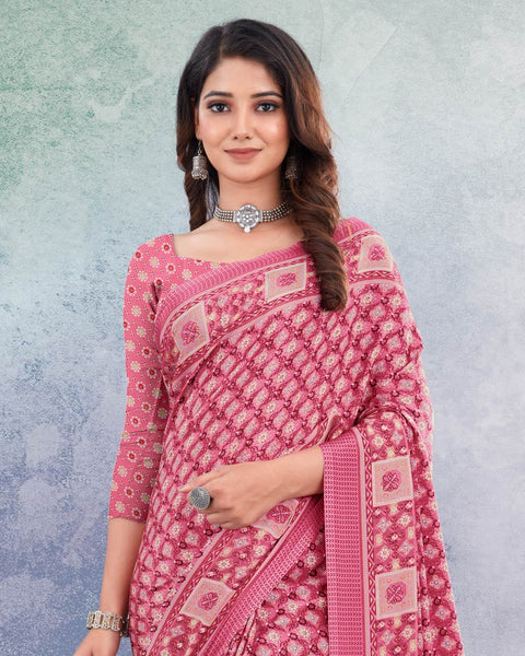 Rose Pink And Brick Red Digital Print Premium Crepe Saree