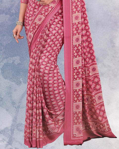 Rose Pink And Brick Red Digital Print Premium Crepe Saree