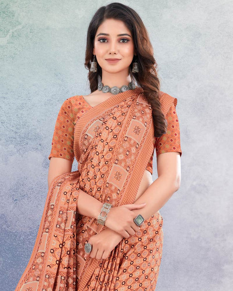 Pastel Orange Digital Print Premium Crepe Saree