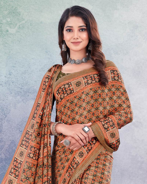 Flame Orange And Brown Digital Print Premium Crepe Saree