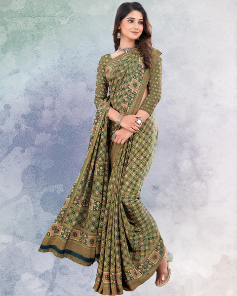 Olive Green And Brown Digital Print Premium Crepe Saree