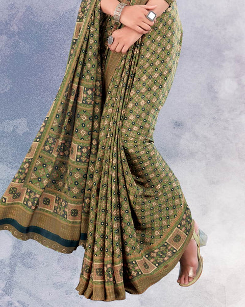 Olive Green And Brown Digital Print Premium Crepe Saree