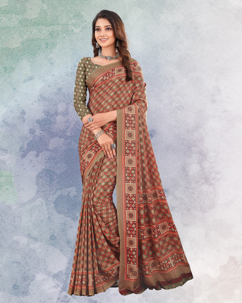 Pastel Red And Pale Brown Digital Print Premium Crepe Saree
