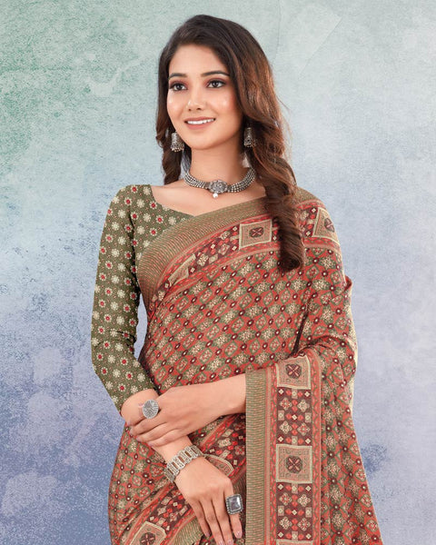 Pastel Red And Pale Brown Digital Print Premium Crepe Saree