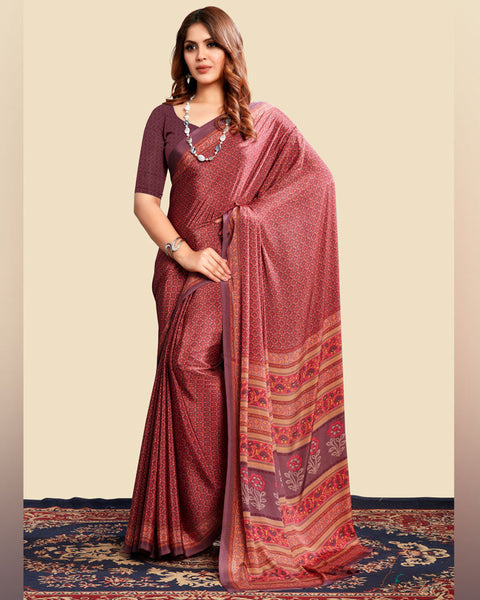 Copper Rust Printed Digital Print Crepe Saree