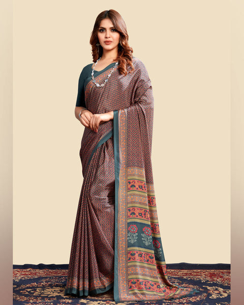 Dark Teal Blue Printed Digital Print Crepe Saree