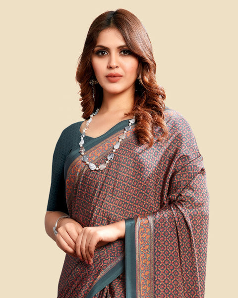 Dark Teal Blue Printed Digital Print Crepe Saree