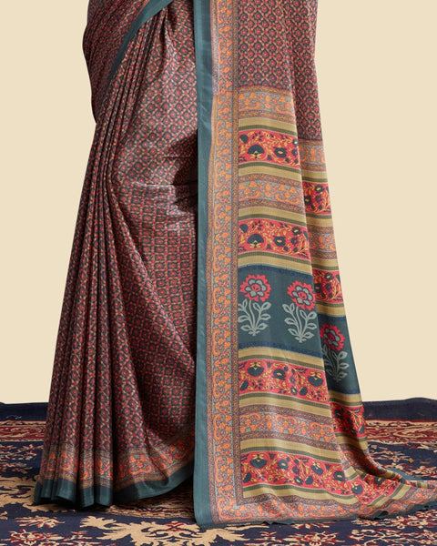 Dark Teal Blue Printed Digital Print Crepe Saree
