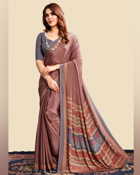 Fedora Grey Printed Digital Print Crepe Saree