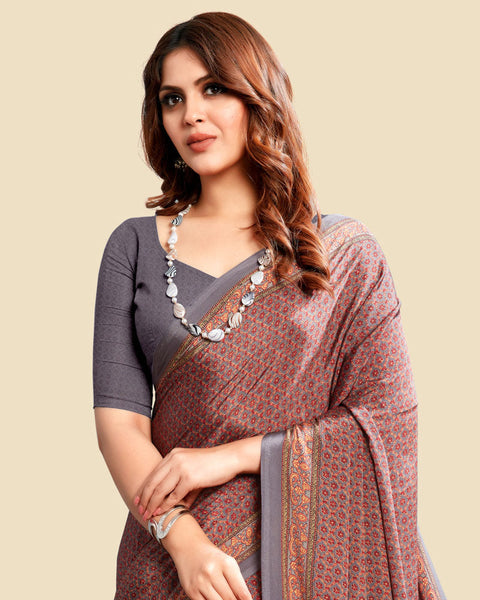 Fedora Grey Printed Digital Print Crepe Saree