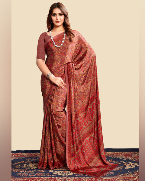 Apple Blossom Red Printed Digital Print Crepe Saree
