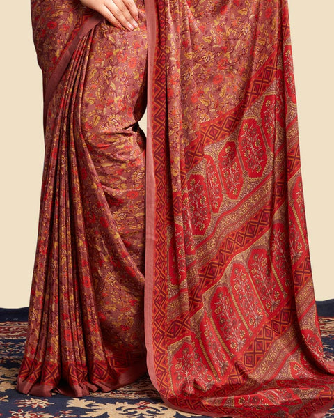 Apple Blossom Red Printed Digital Print Crepe Saree